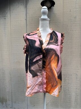 Finley Abstract Swirl Ruffle Sleeveless Top - Pink, Orange, Black